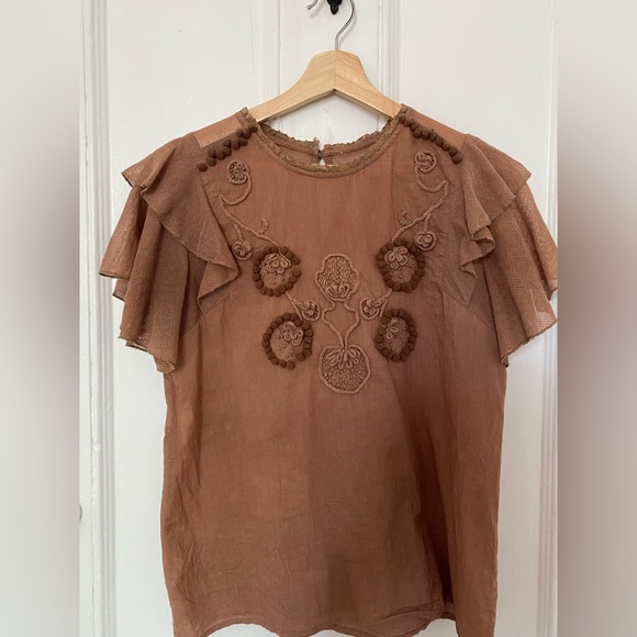 Maria Stanley Finch Embroidered Flutter Sleeve Blouse in Shiitake Brown - Picture 5 of 9